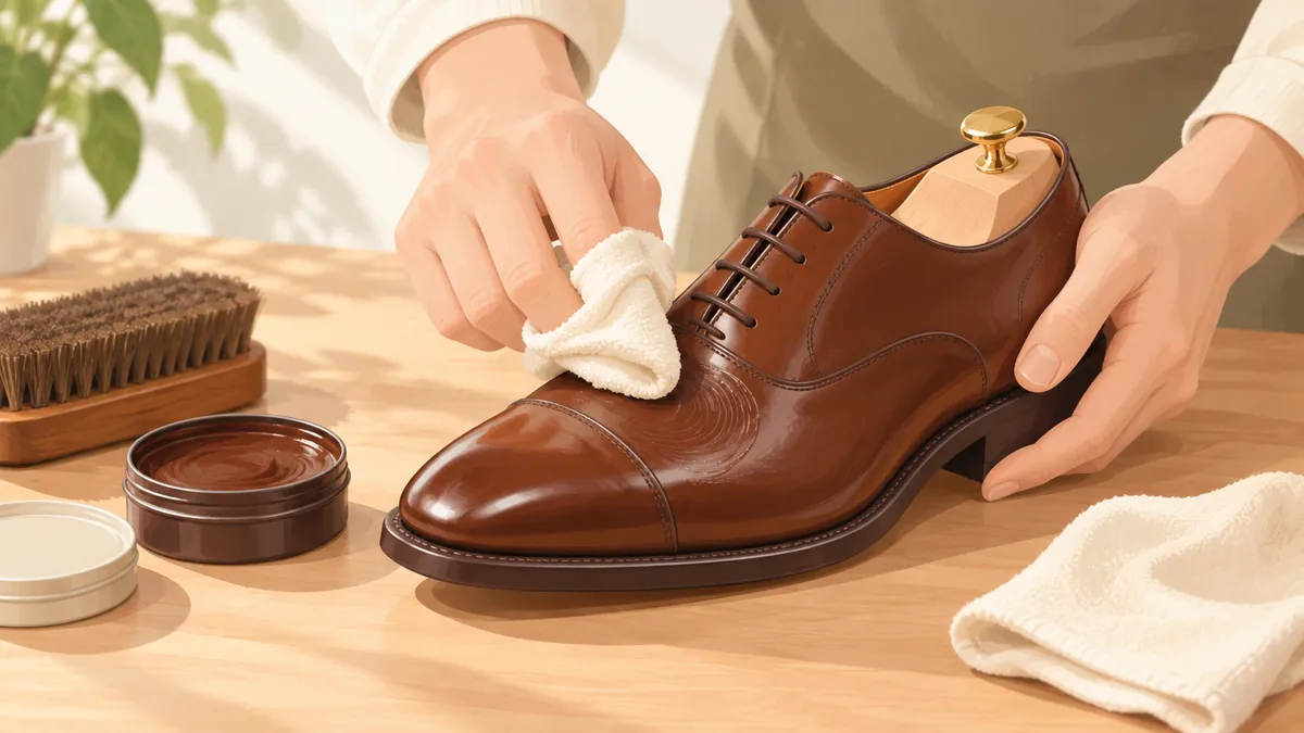 指に巻いた布で革靴にクリームを薄く塗る手元
