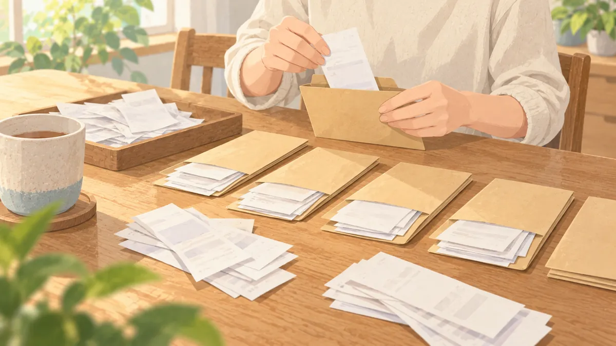 月ごとの封筒に医療費の領収書を仕分けている手元