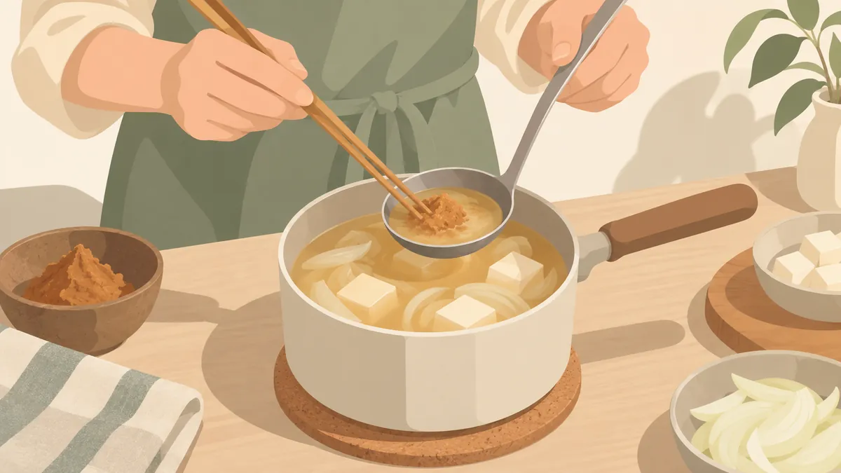 豆腐と玉ねぎの入った鍋で、お玉の味噌を箸で溶く手元