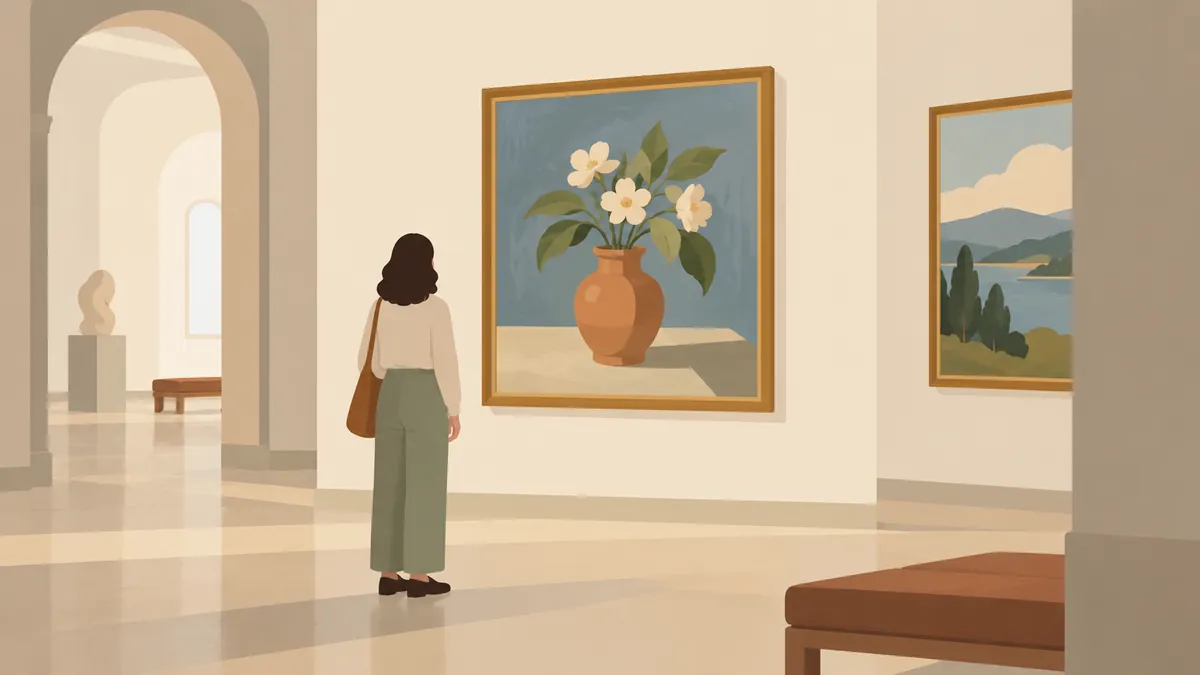 展示室で白い花を生けた花瓶の絵を鑑賞する人
