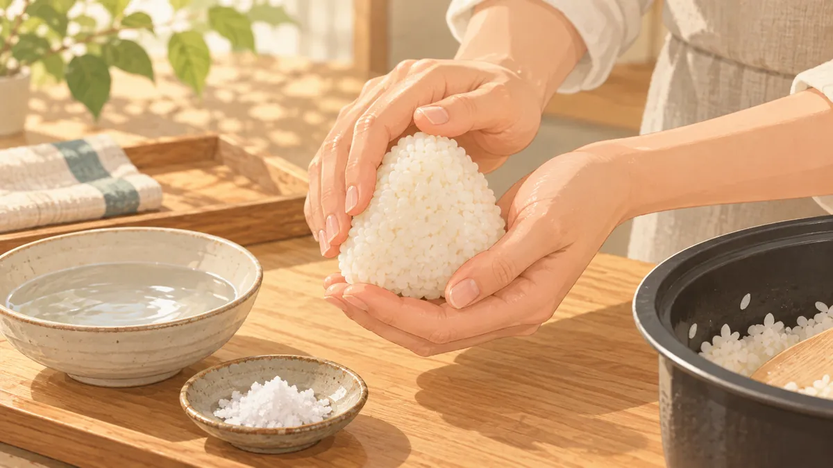 ぬらした両手でご飯を三角に握っている手元
