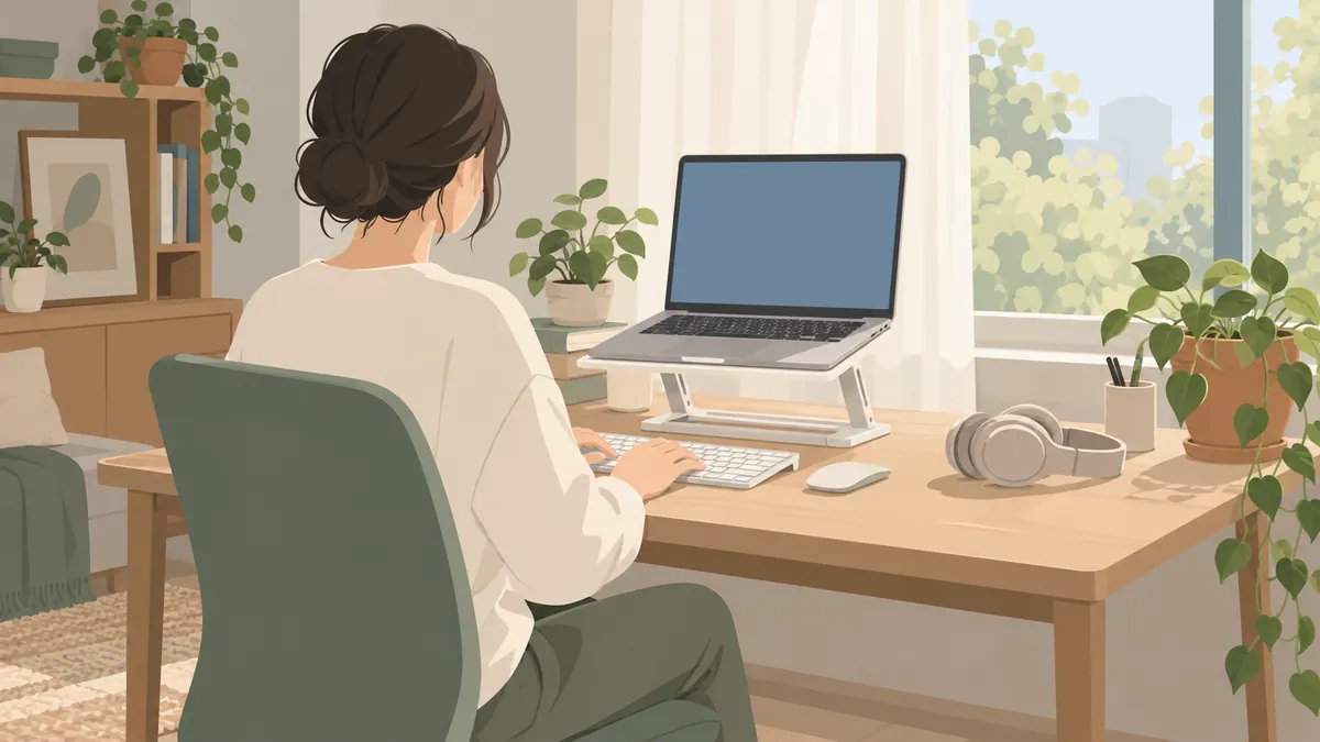窓の光を受ける机に高さを整えたノートパソコン