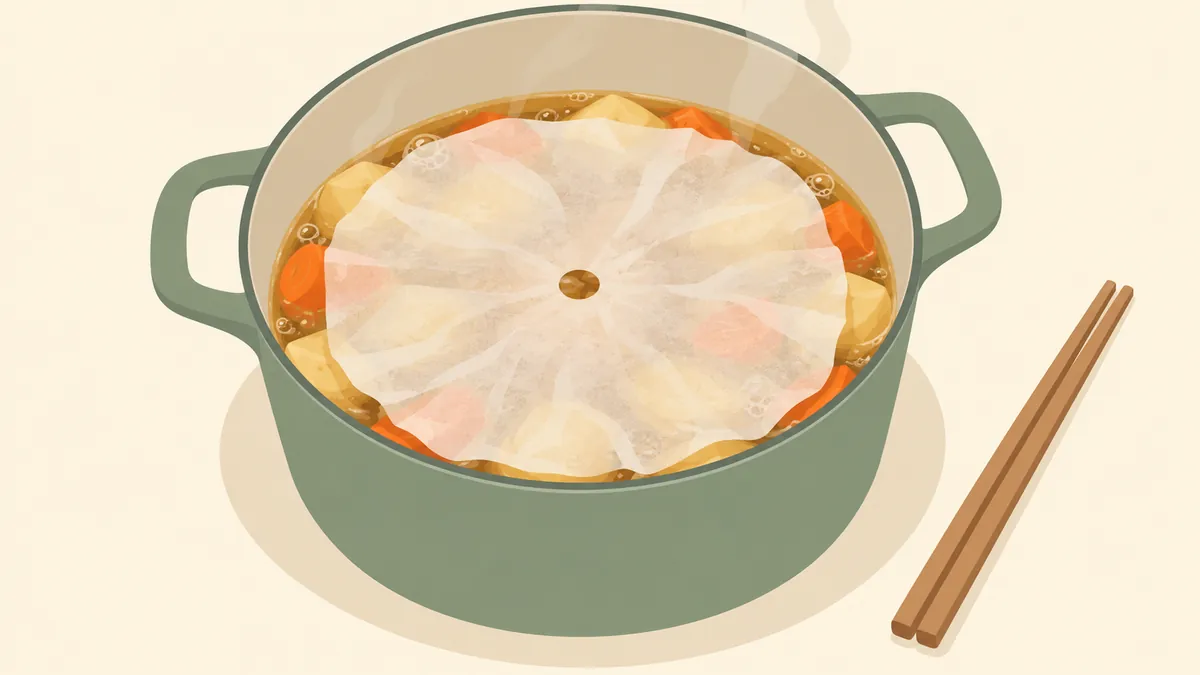 鍋の内側に収まった穴のある紙の落とし蓋