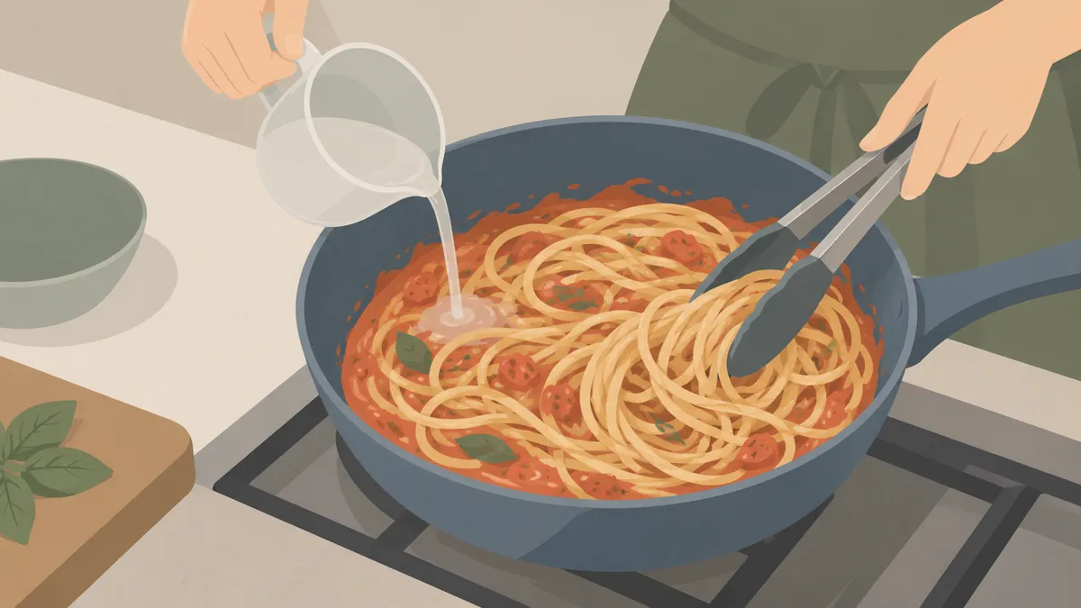 ゆで汁を少量加えながらパスタをトングで混ぜる手元