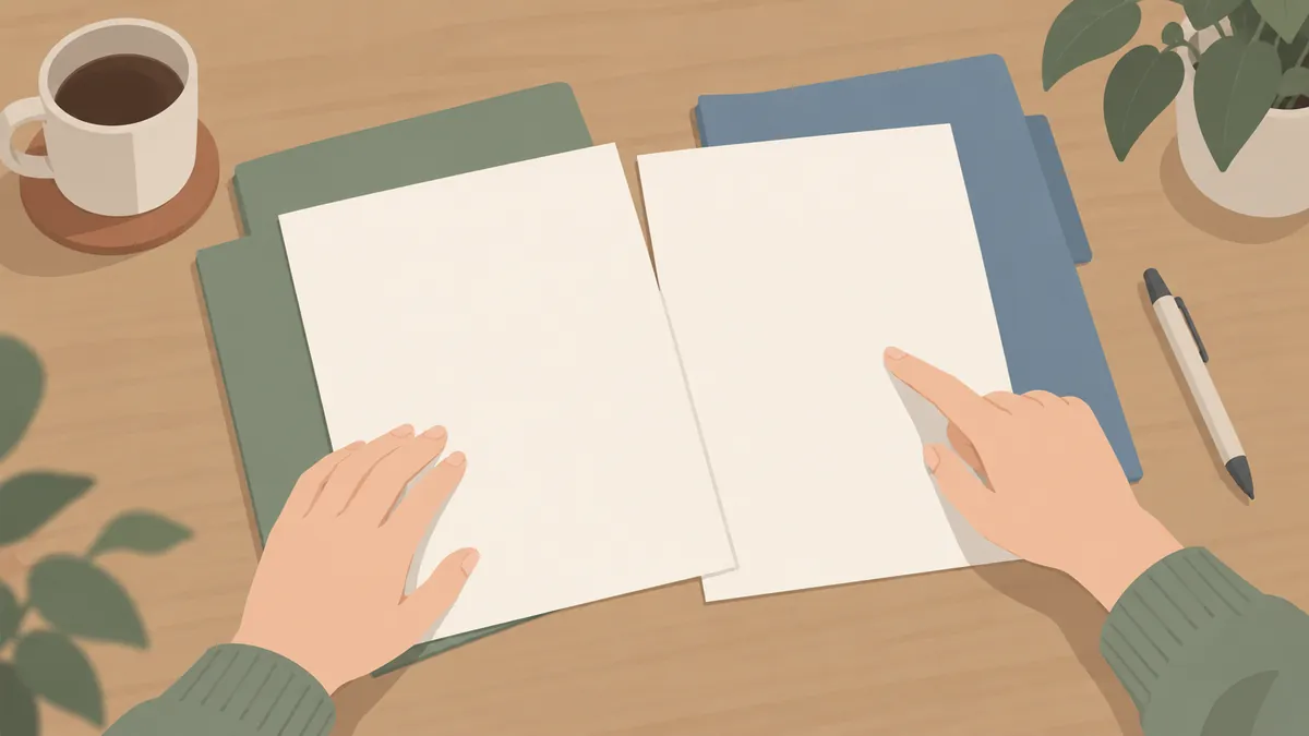 机に並べた二枚の書類を見比べる手元