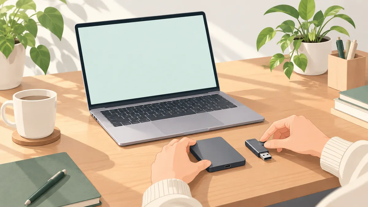 ノートパソコンの横に外付けSSDとUSBメモリを並べた机