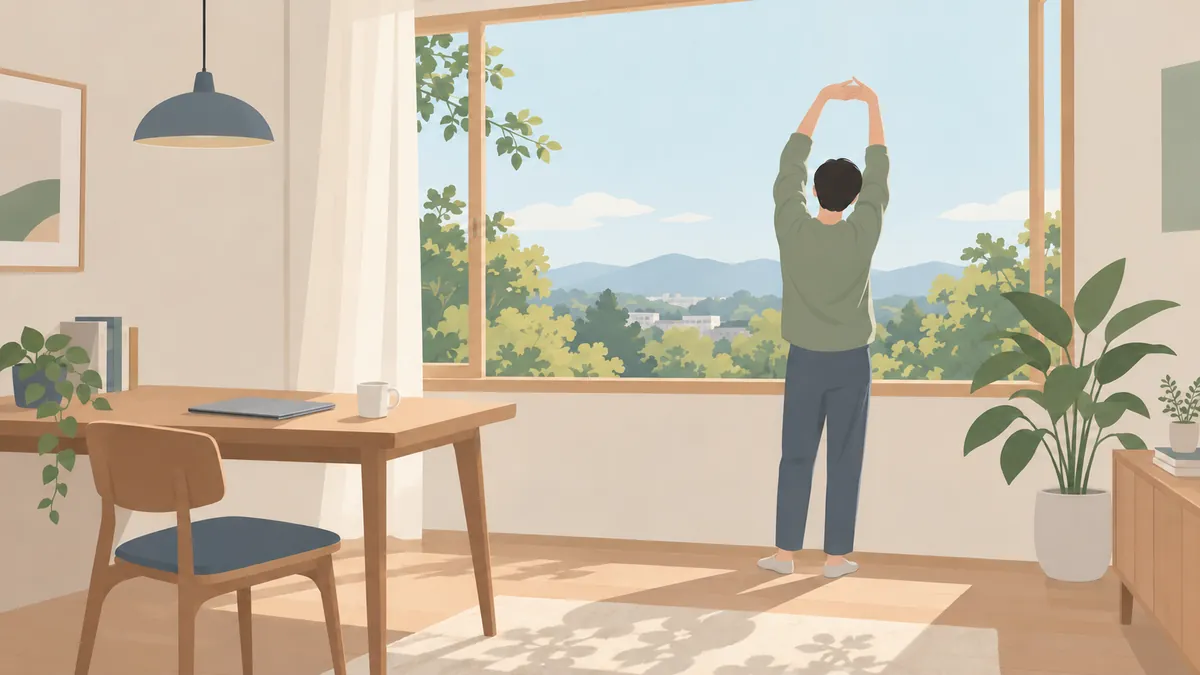 机を離れ、窓辺で背伸びをする人の後ろ姿