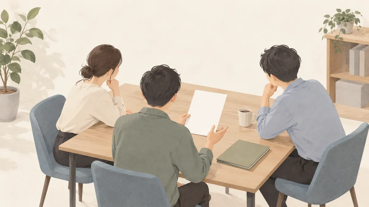 資料を示して同僚に提案する打ち合わせ