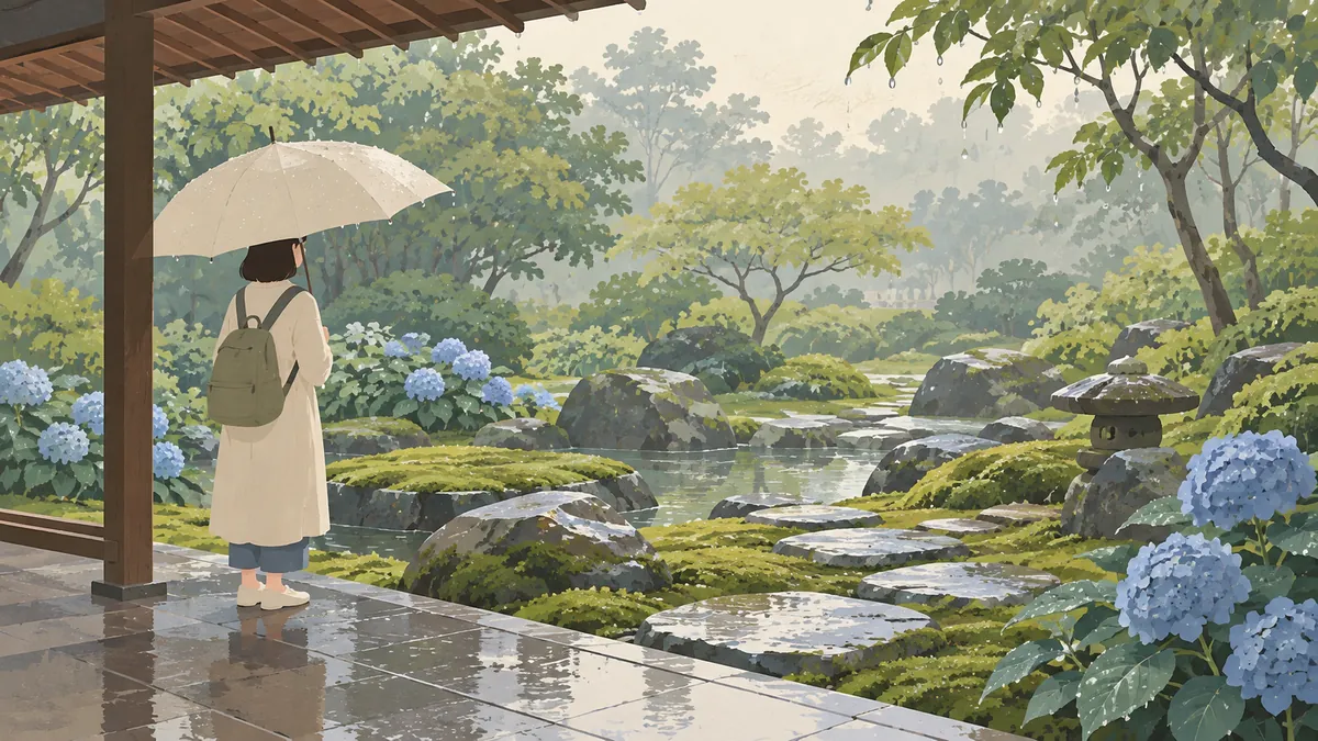 雨にぬれた苔の庭と紫陽花を眺める人