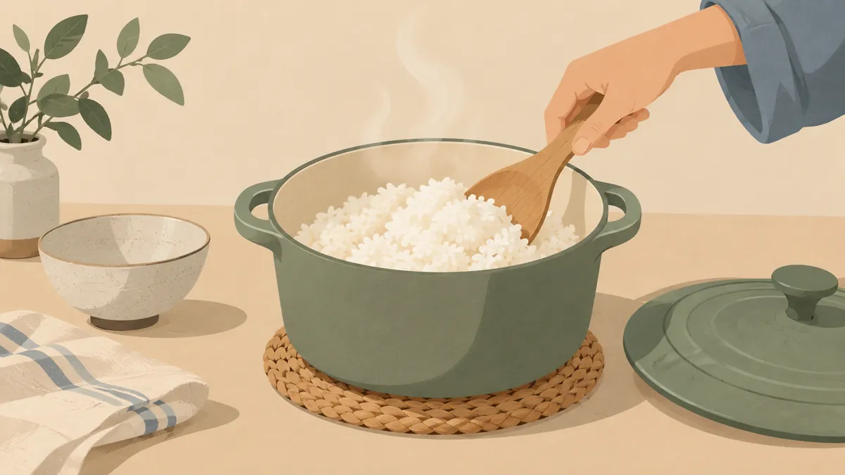 蒸らしたご飯を鍋の中でしゃもじでほぐす手元