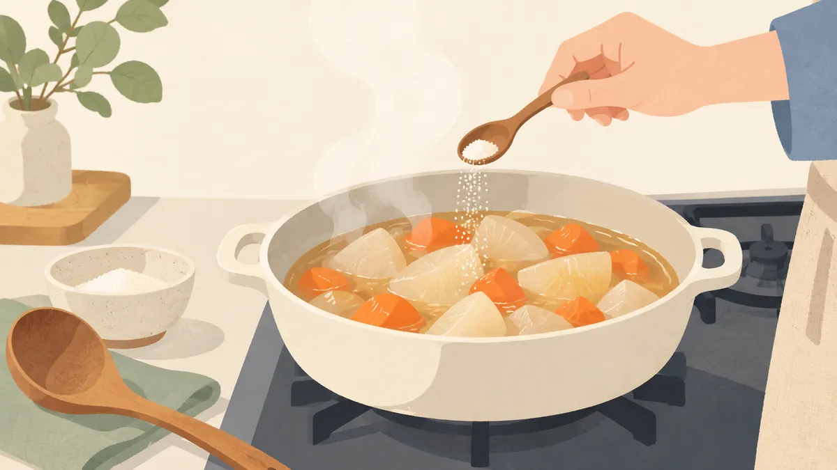 野菜の煮物に少しずつ調味料を加える手元