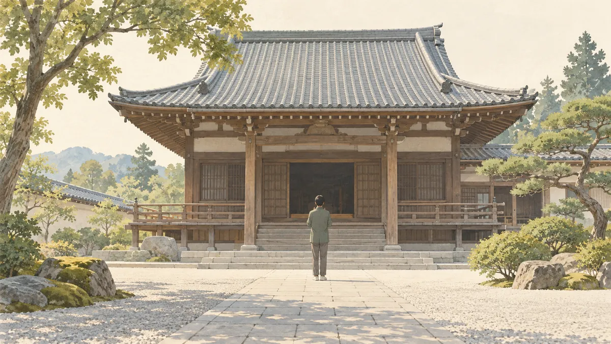 寺の本堂の前で静かに合掌する人の後ろ姿