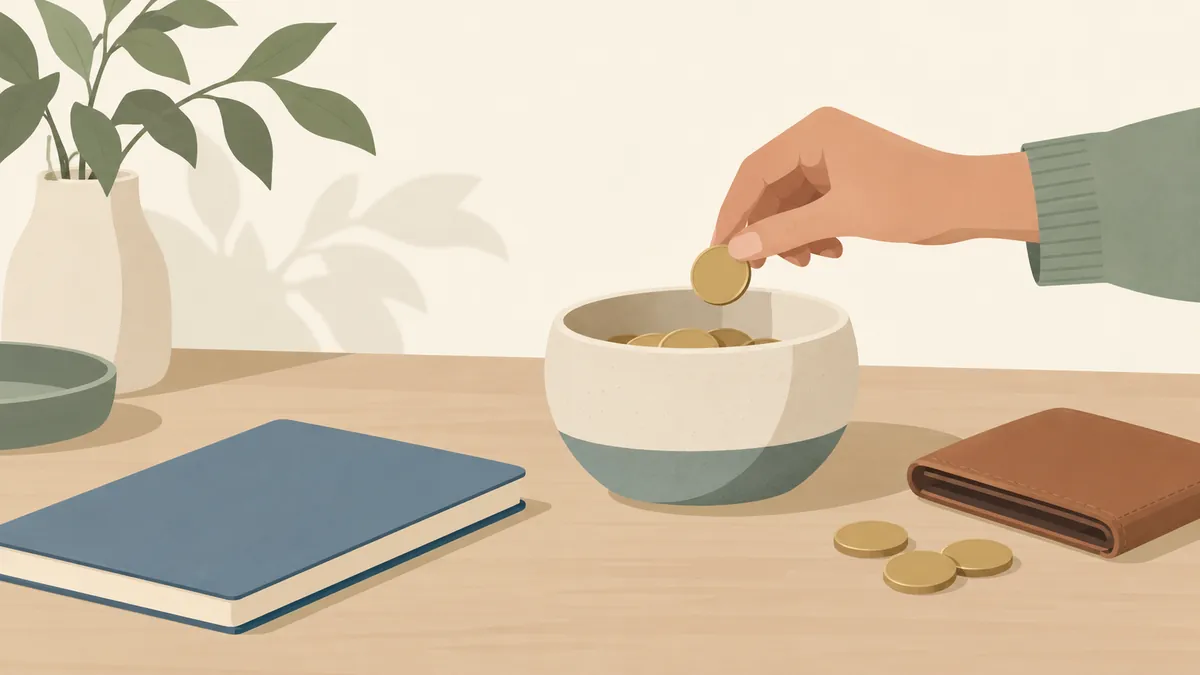 硬貨の入った器に一枚を加える手と、傍らの財布とノート