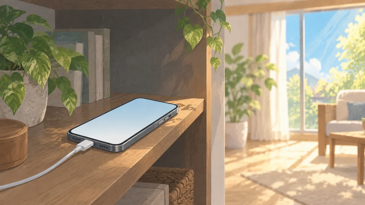 窓際の日差しを避け、部屋の奥の日陰で充電しているスマホ