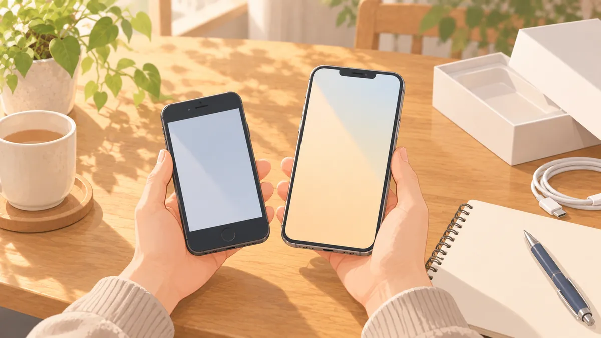 古いスマホと新しいスマホを両手に持って見比べる手元