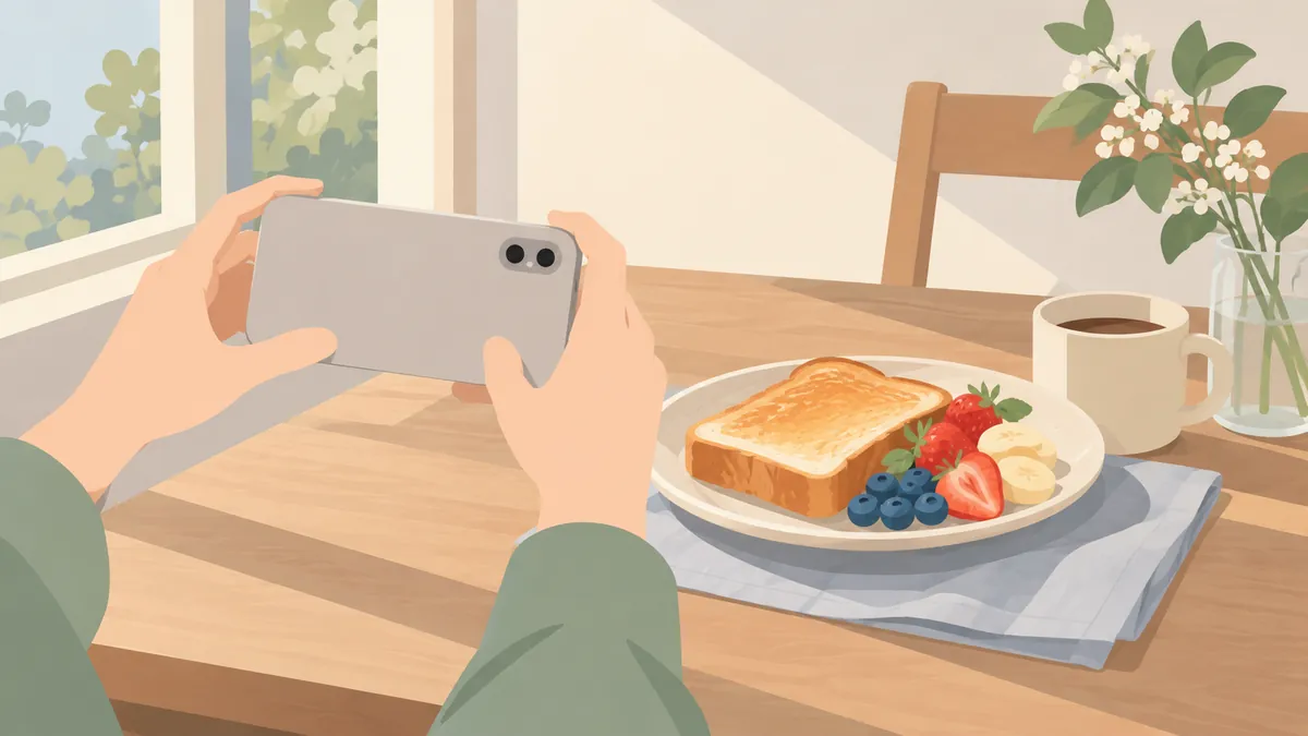 窓の自然光で料理をスマホ撮影する手元