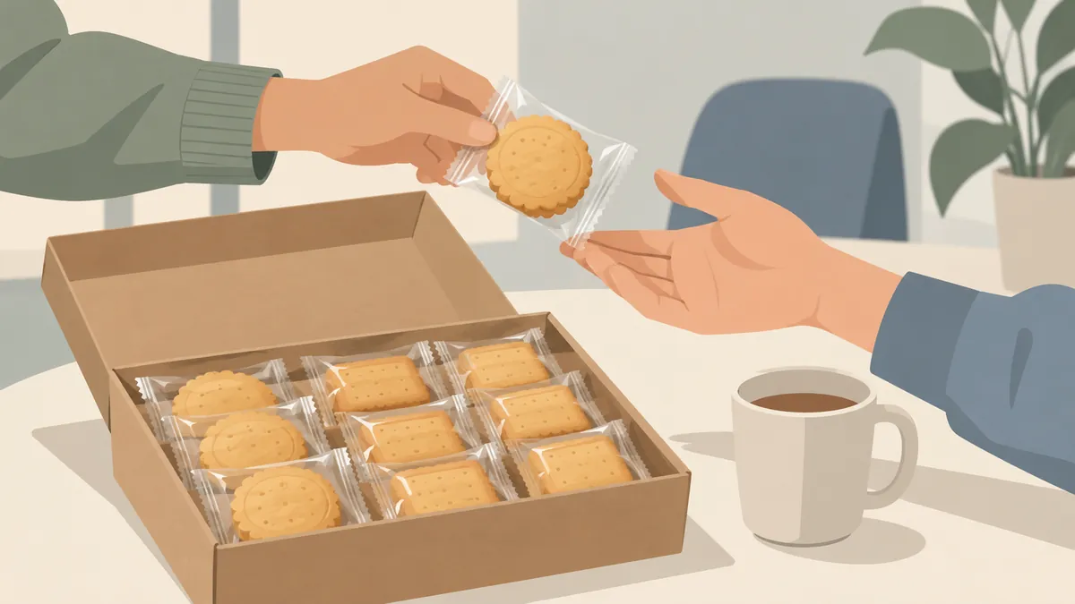 職場で個包装の焼き菓子を手渡す様子