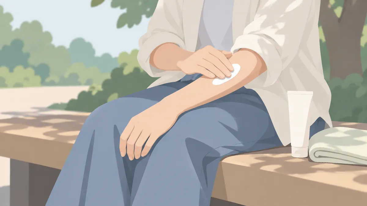 日陰で腕に日焼け止めを塗り直す手元