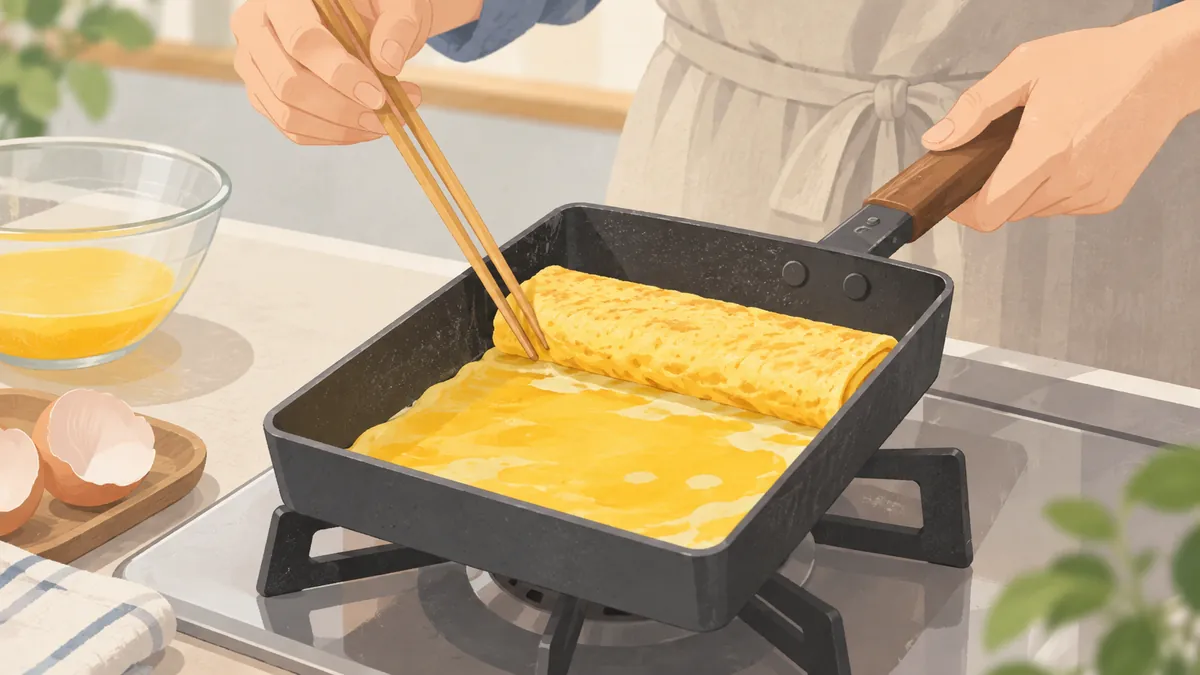 卵焼き器の中で半熟の卵を菜箸で巻いている手元