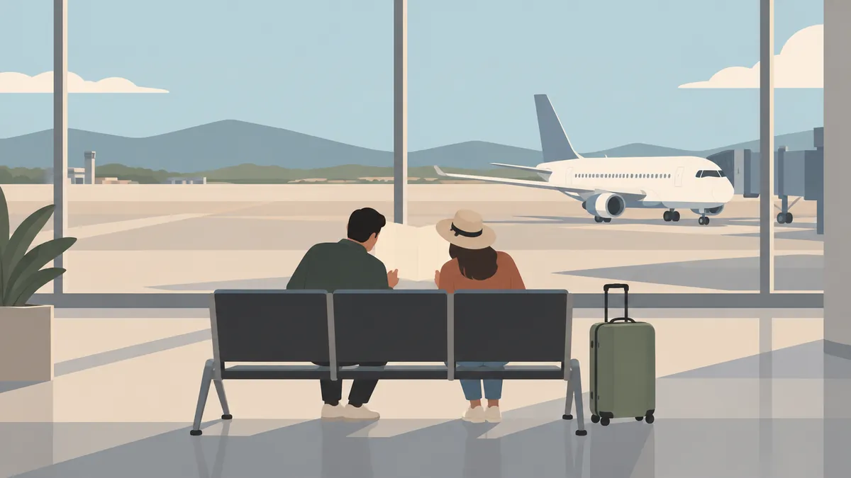 空港のベンチで旅程の用紙を一緒に確認する二人