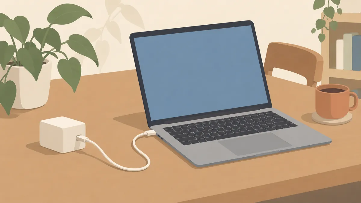 USB-Cケーブルで充電器につないだノートパソコン