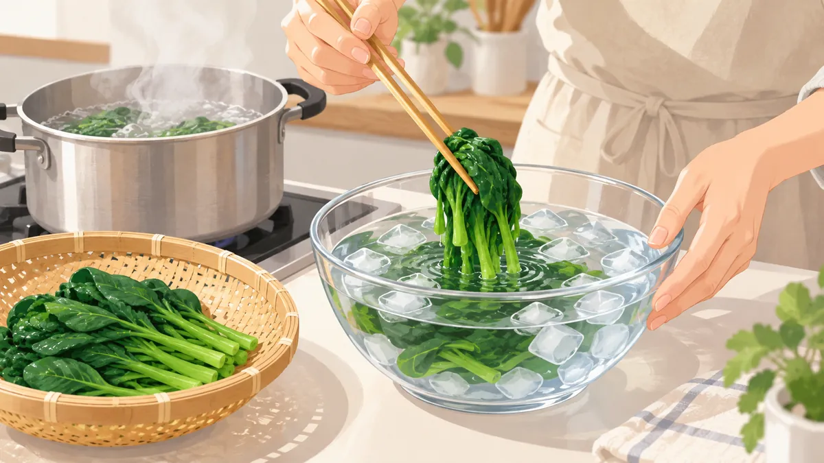 ゆでたほうれん草を菜箸で氷水のボウルに移す手元