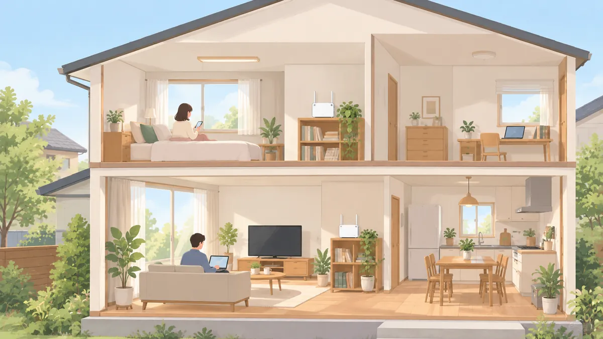 二階建ての家の一階と二階に置いたWi-Fi機器と、各部屋で端末を使う人
