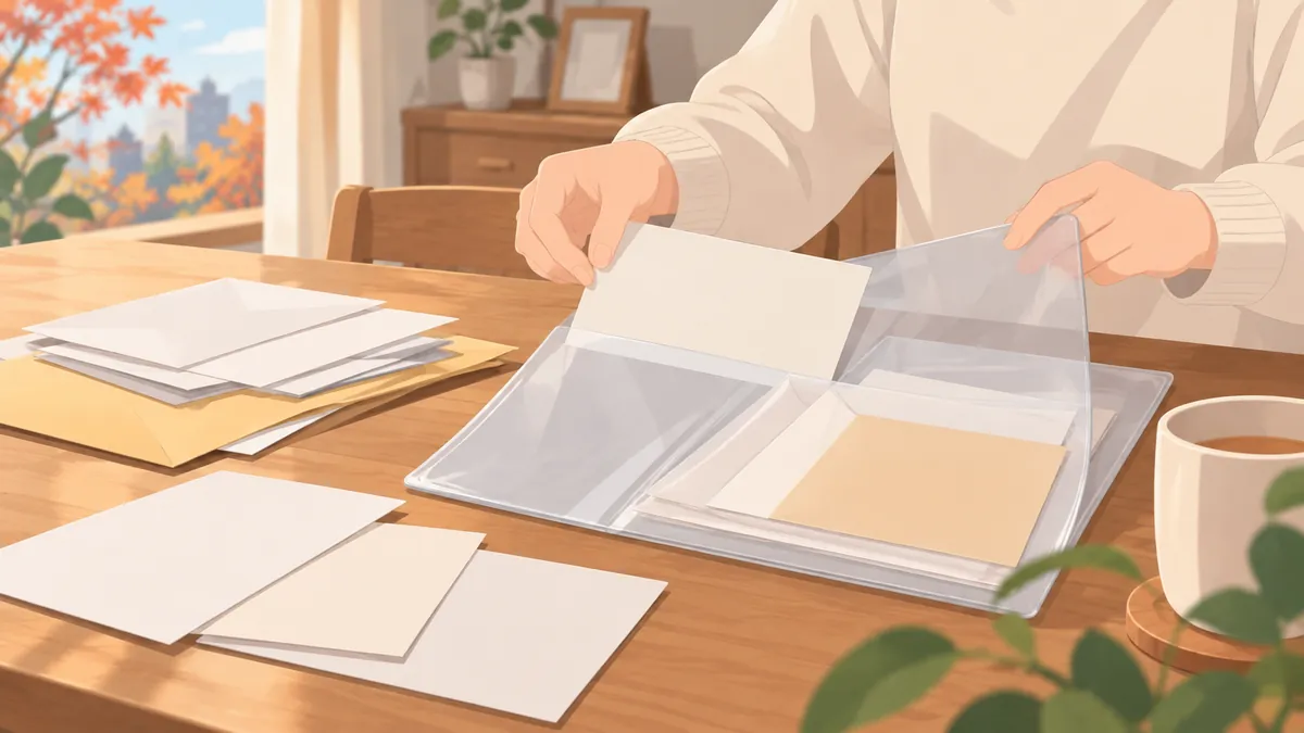 届いたはがきや封筒をクリアファイルにまとめる手元